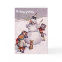 ヴィンテージのクリスマスカード、雪だるま及び猫