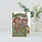 ヴィンテージのクリスマスキャットとベッドの犬 シーズンカード (スタンド正面)