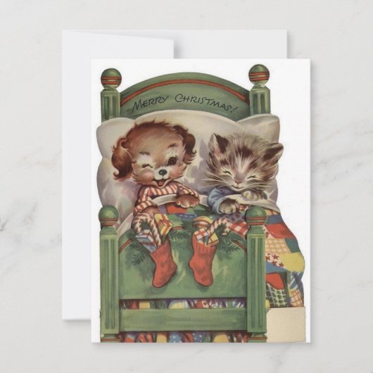 ヴィンテージのクリスマスキャットとベッドの犬 シーズンカード (正面)