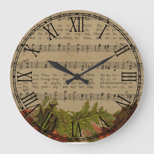 ヴィンテージのクリスマスキャロル音楽シート ラージ壁時計 (正面)
