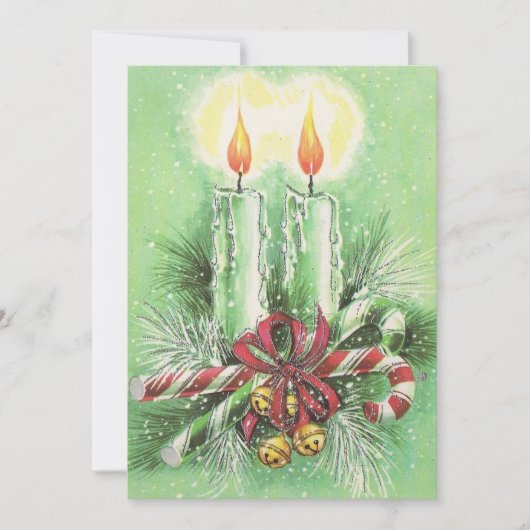 ヴィンテージのクリスマスキャンドル、ベル、キャンディキャネス シーズンカード (正面)