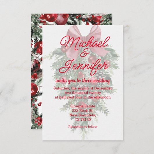 ヴィンテージのクリスマスグリーン結婚オーナメントレッド 招待状 (正面/裏面)