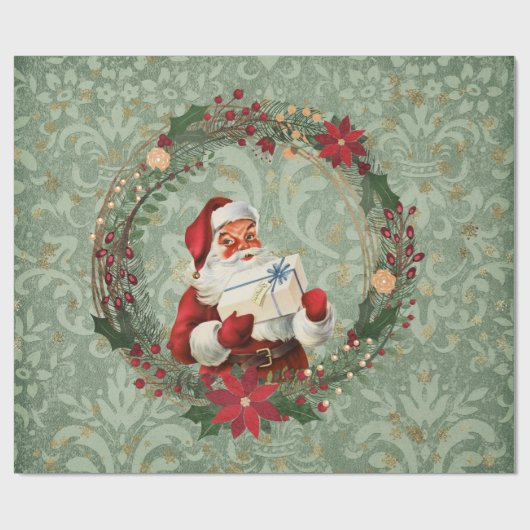 ヴィンテージのクリスマスサンタおよびリース ラッピングペーパー (フラット)