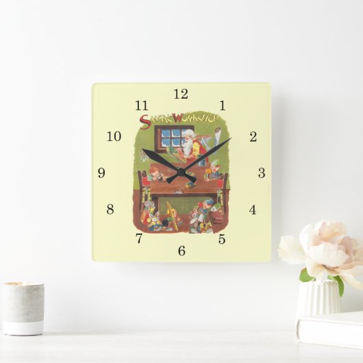 ヴィンテージのクリスマスサンタと小人たち スクエア壁時計 (ホーム)