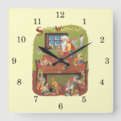 ヴィンテージのクリスマスサンタと小人たち スクエア壁時計 (正面)
