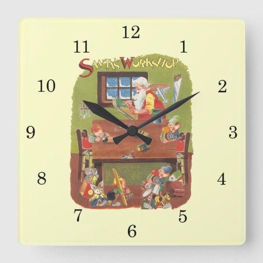 ヴィンテージのクリスマスサンタと小人たち スクエア壁時計 (正面)