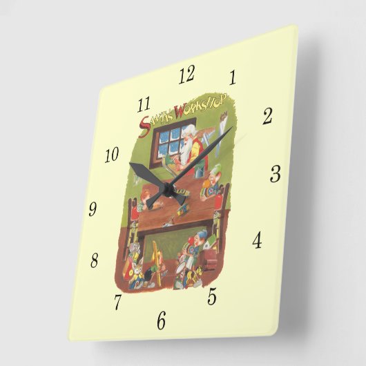 ヴィンテージのクリスマスサンタと小人たち スクエア壁時計 (傾斜)