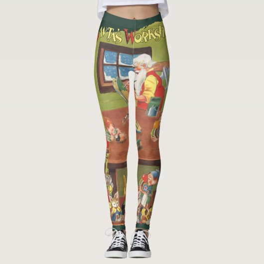 ヴィンテージのクリスマスサンタと小人たち レギンス (正面)