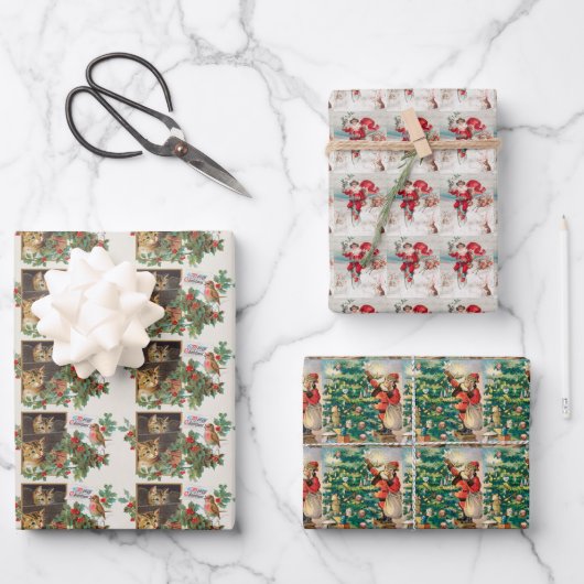 ヴィンテージのクリスマスサンタ、雪と猫 ラッピングペーパーシート (正面)