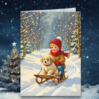 ヴィンテージのクリスマスシーン、そりで遊ぶ少年と子犬 カード
