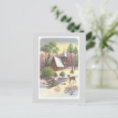 ヴィンテージのクリスマスシーン、鹿と雪景色 シーズンポストカード (スタンド正面)