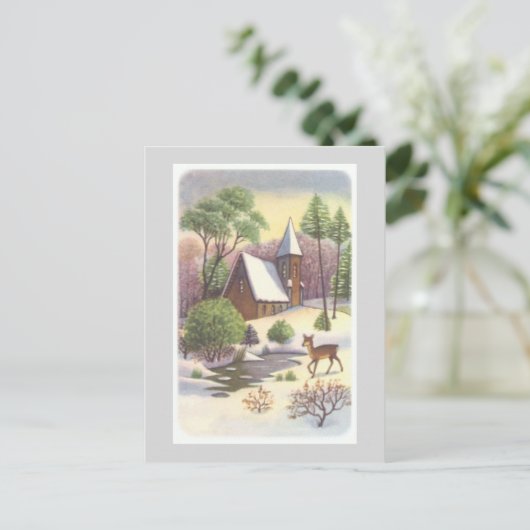 ヴィンテージのクリスマスシーン、鹿と雪景色 シーズンポストカード (スタンド正面)