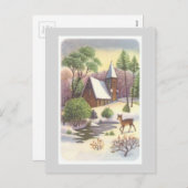 ヴィンテージのクリスマスシーン、鹿と雪景色 シーズンポストカード (正面/裏面)