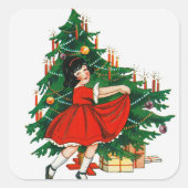 ヴィンテージのクリスマスツリーと女の子 スクエアシール (正面)