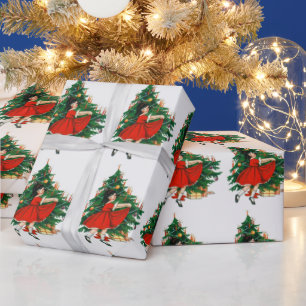 ヴィンテージのクリスマスツリーと女の子 ラッピングペーパー