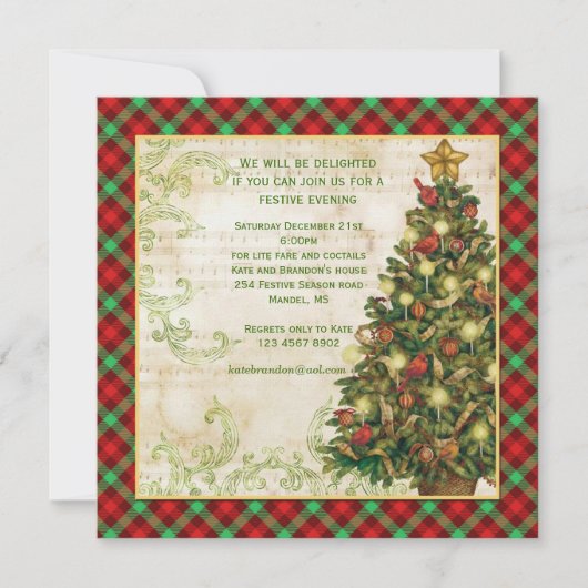ヴィンテージのクリスマスツリーと渦巻き模様、スコットランドのタータン 招待状 (正面)