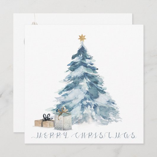 ヴィンテージのクリスマスツリー 水彩画 ゴールドの星 カード (正面/裏面)