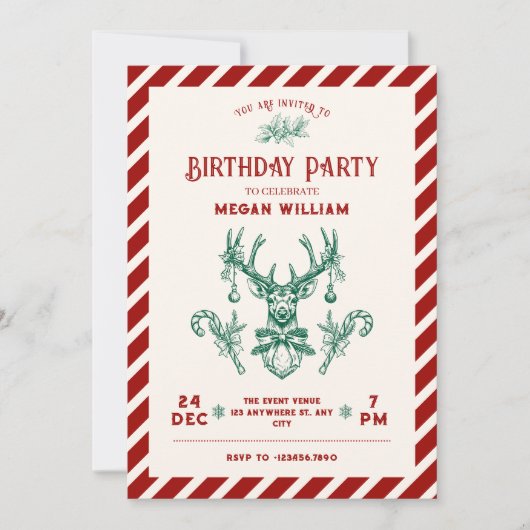 ヴィンテージのクリスマスディアの誕生日パーティー 招待状 (正面)