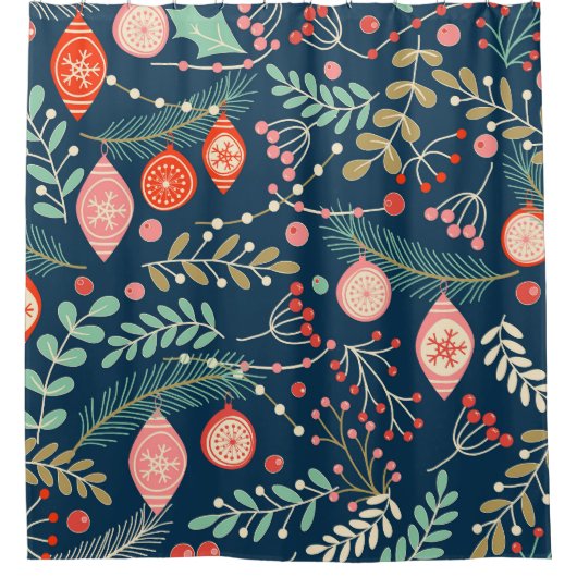 ヴィンテージのクリスマスハンド描きシームレス シャワーカーテン (正面)