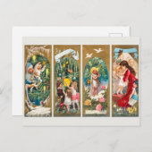 ヴィンテージのクリスマスファミリーとクリスマスツリー シーズンポストカード (正面/裏面)