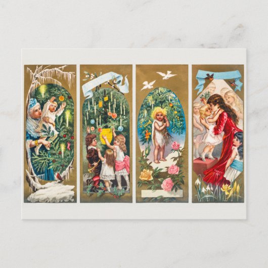ヴィンテージのクリスマスファミリーとクリスマスツリー シーズンポストカード (正面)