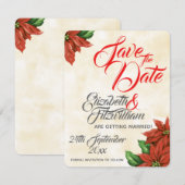 ヴィンテージのクリスマスプエルセッティアの結婚式　Save The Date 招待状 (正面/裏面)