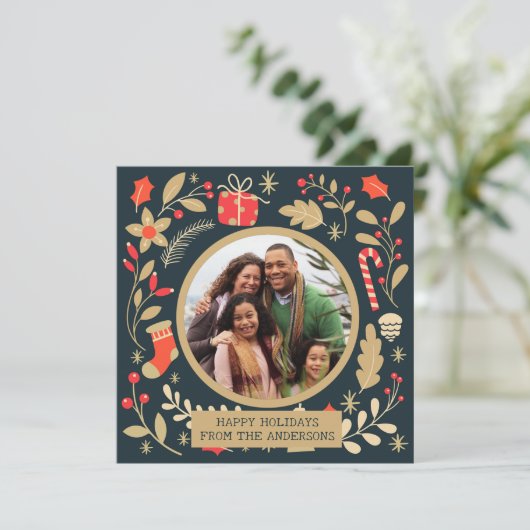 ヴィンテージのクリスマスボタニカルファミリーの写真 シーズンカード (スタンド正面)