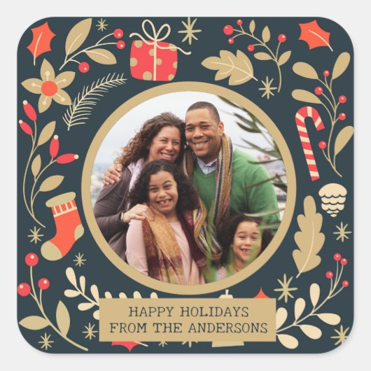 ヴィンテージのクリスマスボタニカルファミリーの写真 スクエアシール (正面)