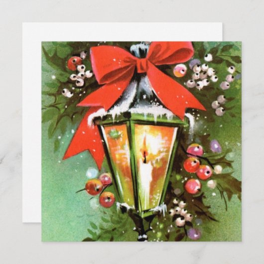 ヴィンテージのクリスマスランタンと大きな赤い弓 シーズンカード (正面/裏面)