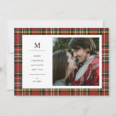 ヴィンテージのクリスマスレッドプレイドモノグラムワンフォト シーズンカード (正面)