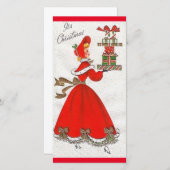 ヴィンテージのクリスマスレディが贈り物を運ぶ シーズンカード (正面/裏面)