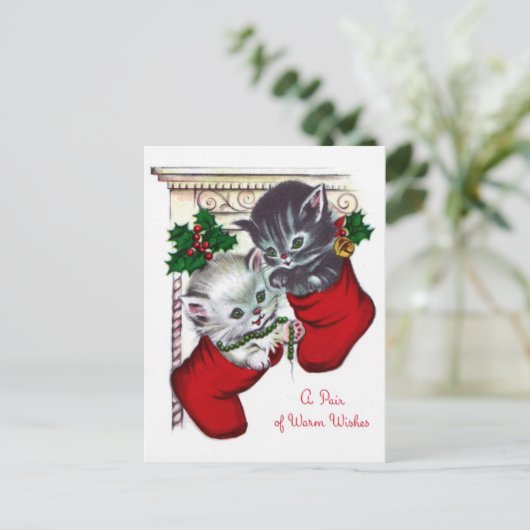 ヴィンテージのクリスマスレトロ猫の休日の郵便はがき シーズンポストカード (スタンド正面)