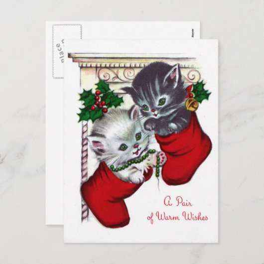 ヴィンテージのクリスマスレトロ猫の休日の郵便はがき シーズンポストカード (正面/裏面)