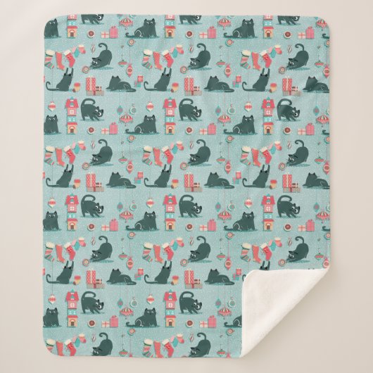 ヴィンテージのクリスマス猫 シェルパブランケット (正面)