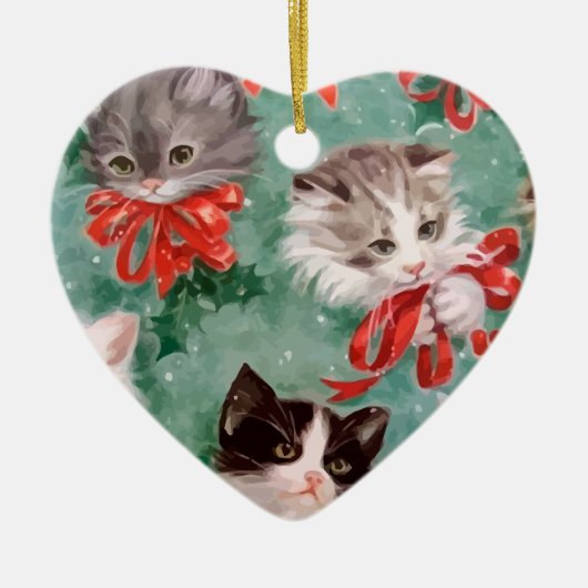 ヴィンテージのクリスマス猫 セラミックオーナメント (正面)