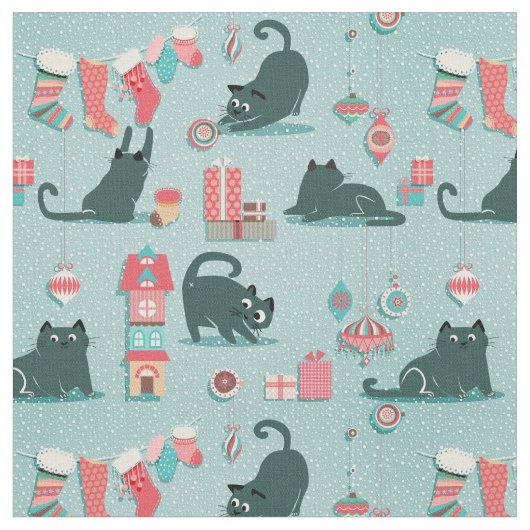 ヴィンテージのクリスマス猫 ファブリック (クローズアップ)