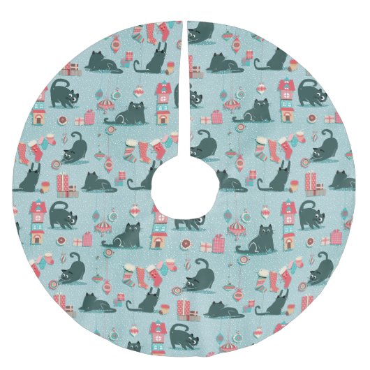 ヴィンテージのクリスマス猫 ブラッシュドポリエステルツリースカート (正面)