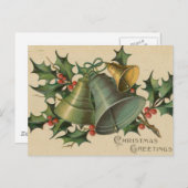 ヴィンテージのクリスマス鐘およびヒイラギ シーズンポストカード (正面/裏面)