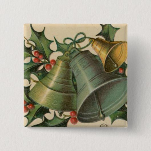 ヴィンテージのクリスマス鐘およびヒイラギ 缶バッジ (正面)