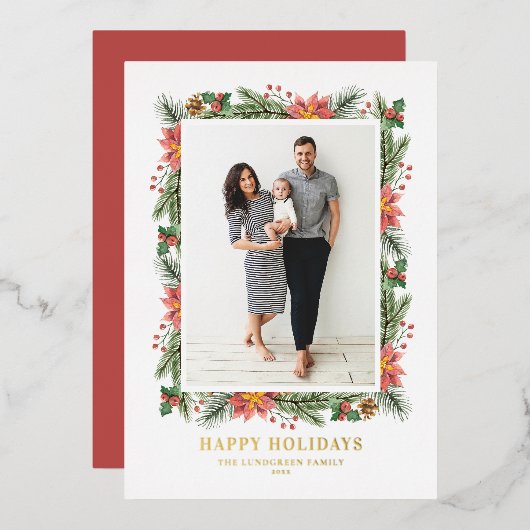 ヴィンテージのクリスマス飾りと松の葉の写真 箔シーズンカード (正面/裏面)