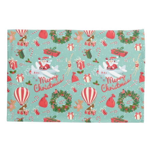 ヴィンテージのクリスマス、サンタのリース、テディー・ベア 枕カバー (裏面)