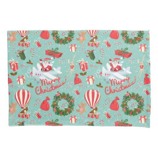 ヴィンテージのクリスマス、サンタのリース、テディー・ベア 枕カバー (正面)