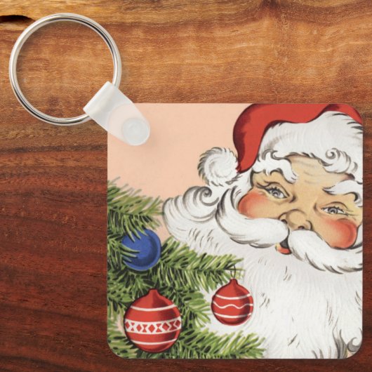 ヴィンテージのクリスマス サンタクロースとツリーのオーナメント キーホルダー (正面)