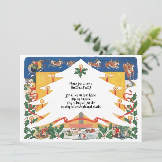 ヴィンテージのクリスマス シーンとサンタクロース 招待状 (スタンド正面)