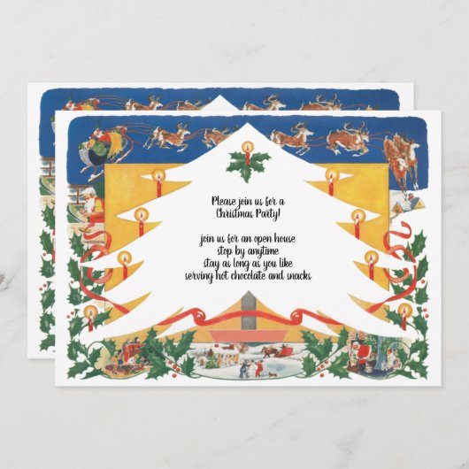 ヴィンテージのクリスマス シーンとサンタクロース 招待状 (正面/裏面)