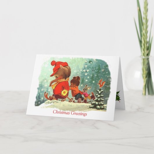 ヴィンテージのクリスマス、スキーに学んでいる動物 シーズンカード (正面)