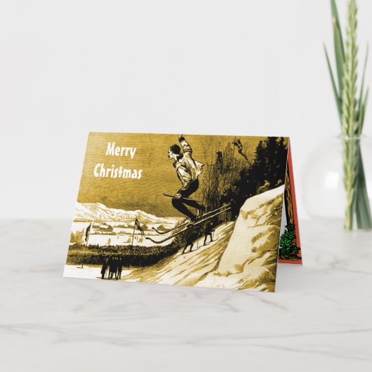 ヴィンテージのクリスマス、スキー競争の勝者、金ゴールド シーズンカード (正面)