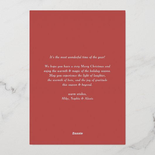 ヴィンテージのクリスマス・ポインセチアと松の葉の写真 箔シーズンカード (裏面)