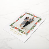 ヴィンテージのクリスマス・ポインセチアと松の葉の写真 箔シーズンカード (回転した状態)