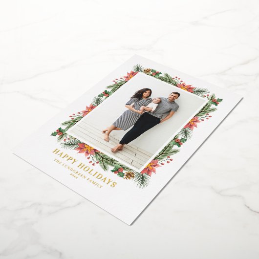 ヴィンテージのクリスマス・ポインセチアと松の葉の写真 箔シーズンカード (回転した状態)